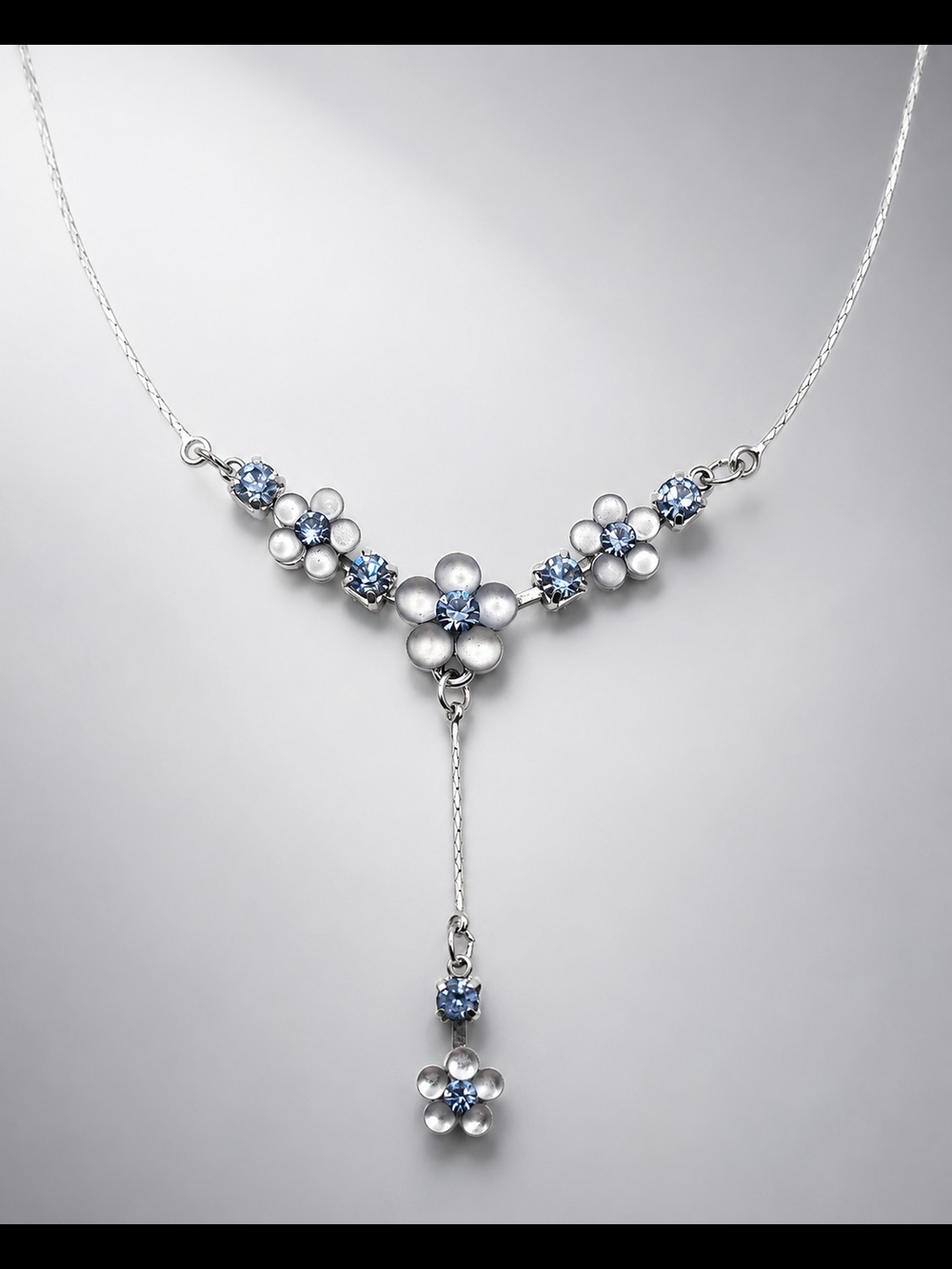 Vintage Silver Tone Blue Floral Y-Necklace